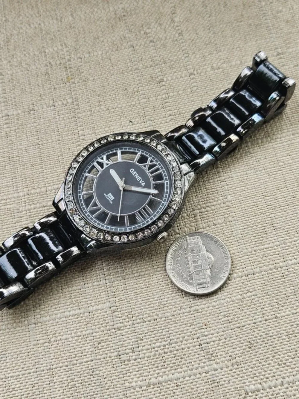 Geneva MN Collection Wristwatch Black Tone Crystal Accent Bezel Analog Watch